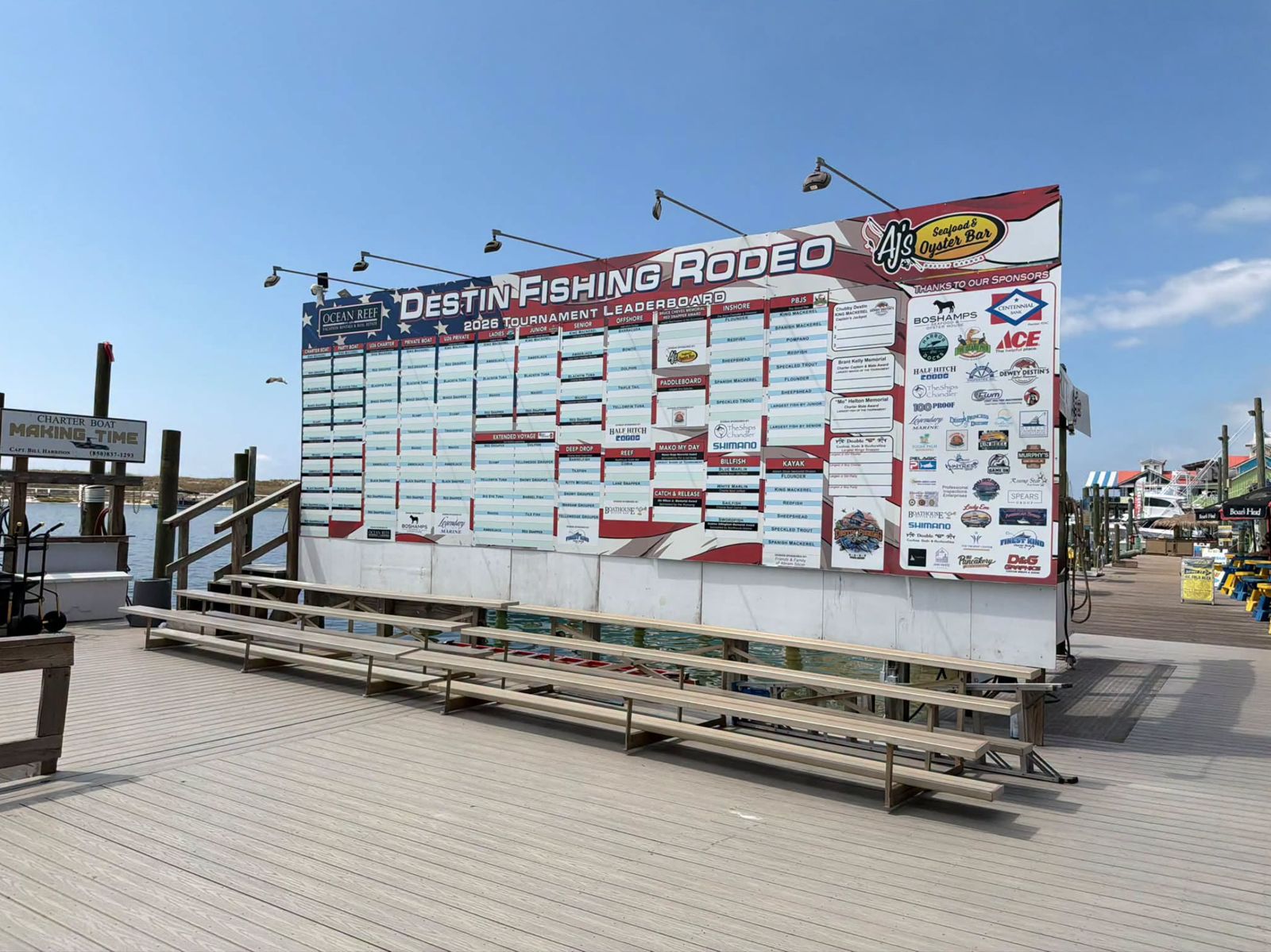 The Destin Fishing Rodeo leaderboard and grandstand on the harbor